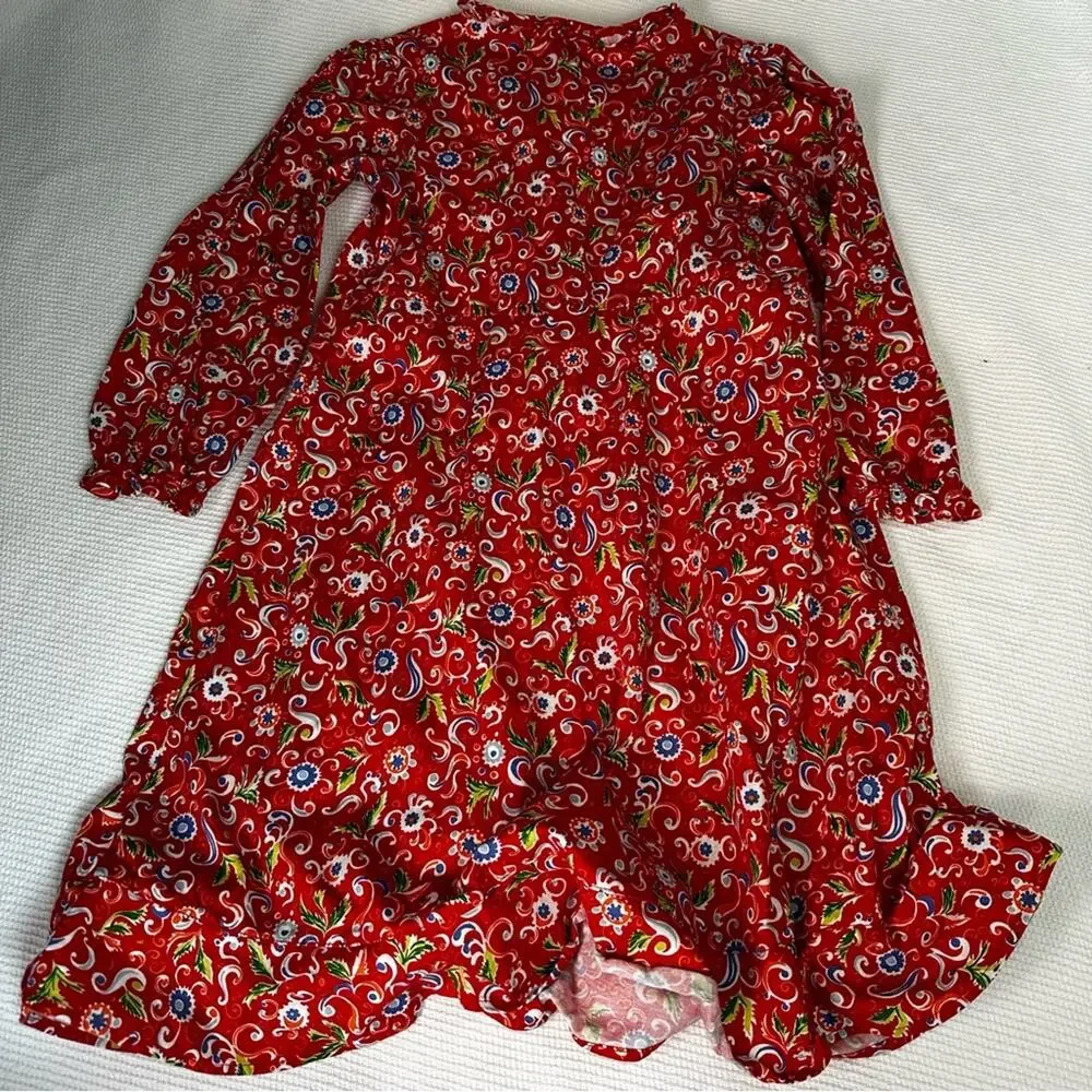 Hanna Andersson Red Floral Long Sleeve Ruffle Button Front Dress Size 130